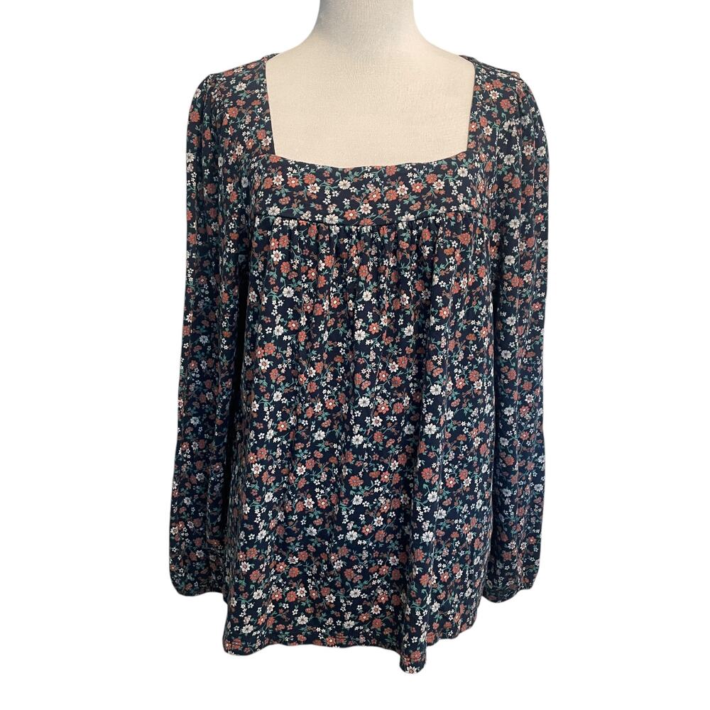 Lucky Brand Blue Floral Long Sleeve Tee Womens Large Square Neck Knit Boho Top - Picture 2 of 11
